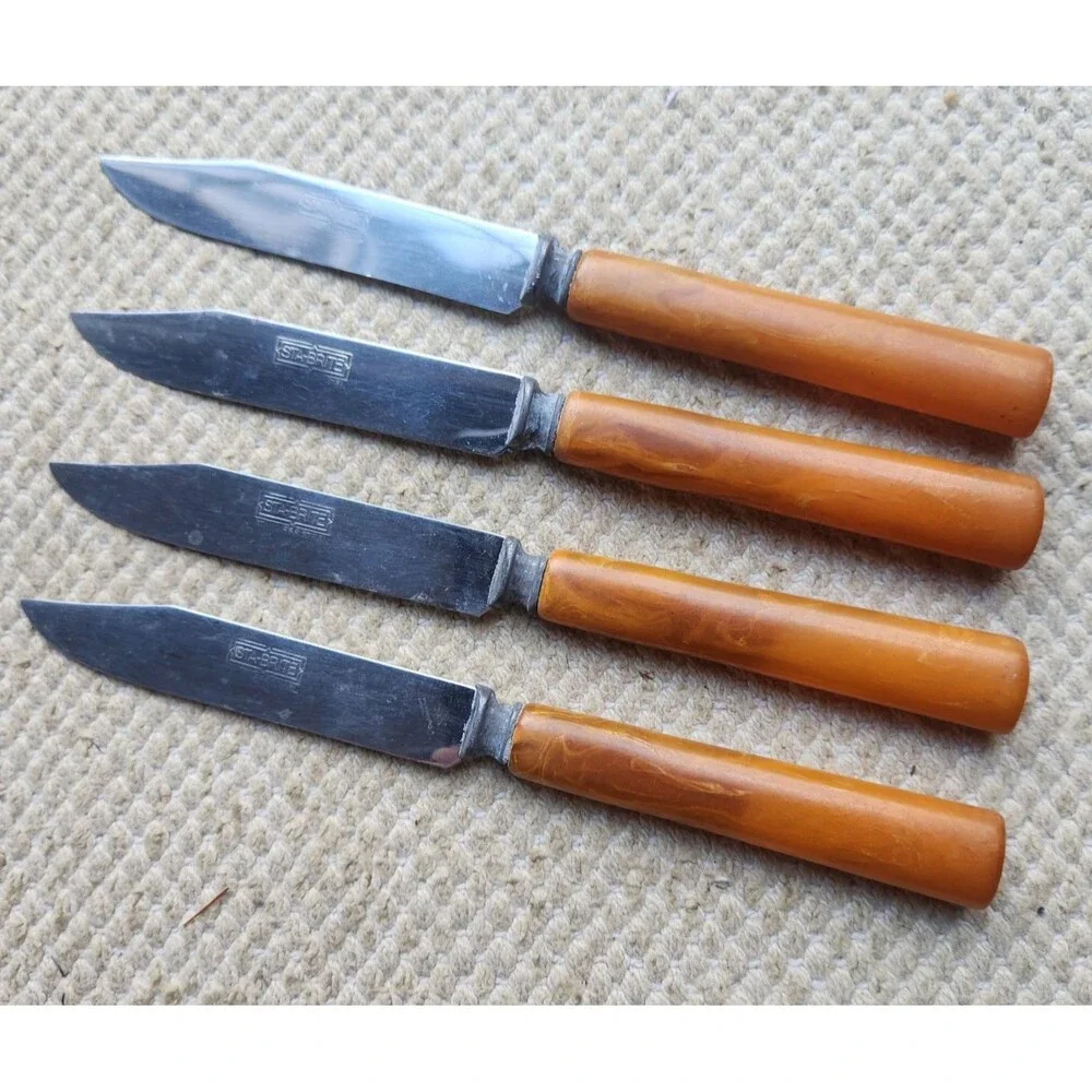 4 Vintage BAKELITE Butterscotch Handled Knives Silverware STA-BRITE Stainless